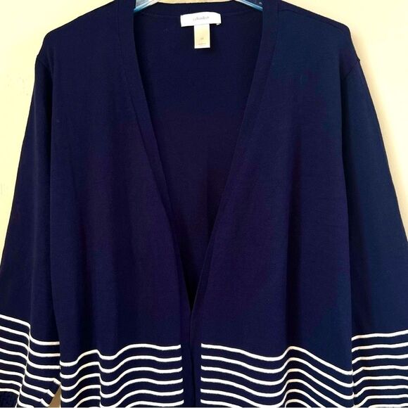 CJ Banks Preppy Navy White Striped Open Front Laser Cut Cardigan Sweater SZ 3X - Picture 2 of 10